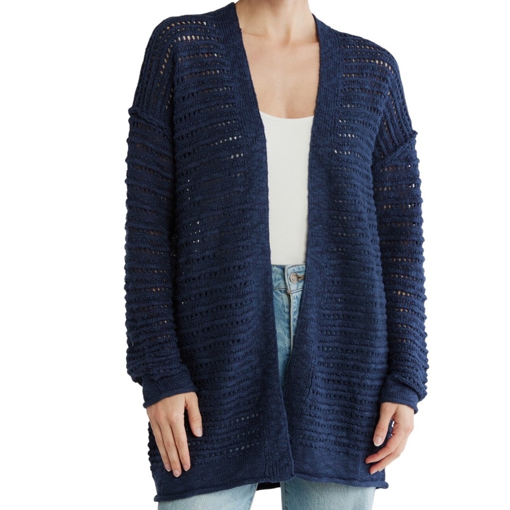 NWT Lucky Brand Womens Navy Blue Open Knit Longline Cardigan Sweater Size Medium